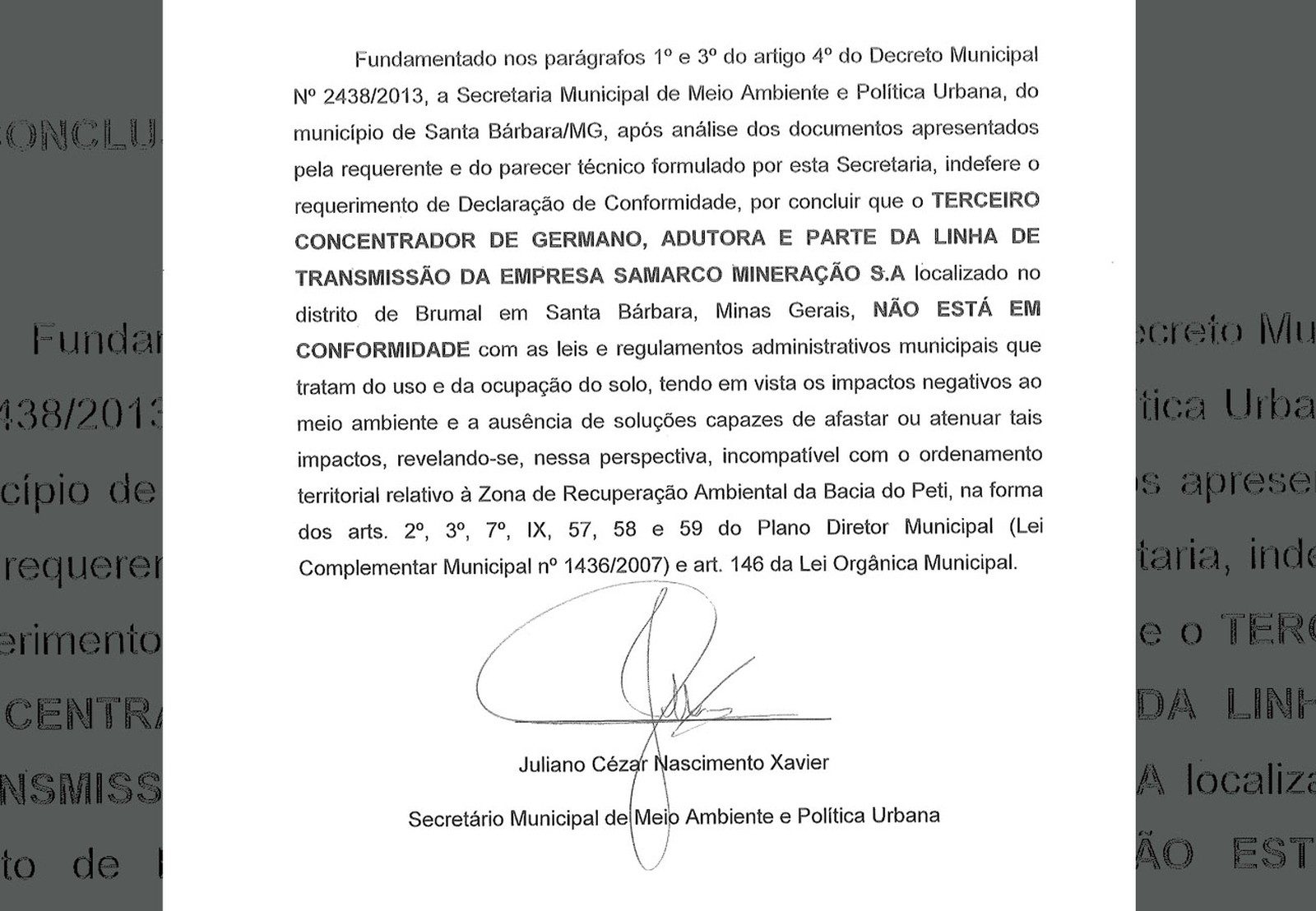 Município mineiro nega carta de conformidade a Samarco